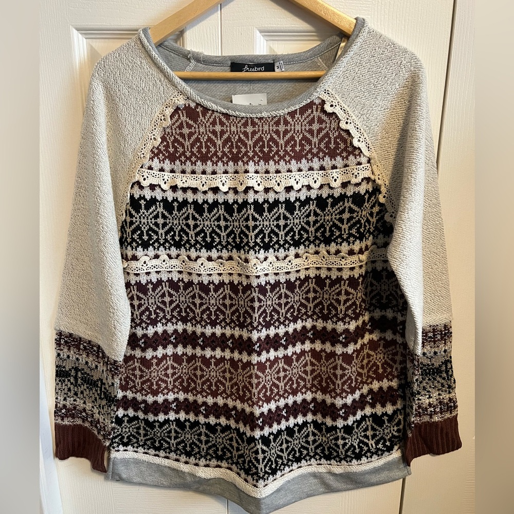 B-7-31 Freebird Women's  Pattern Sweater - Gray and Brown